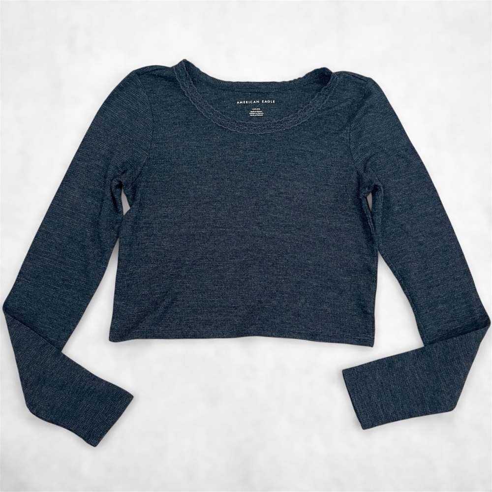 American Eagle Womens Thermal Long Sleeve Cropped Shirt Lace Neckline Size Small